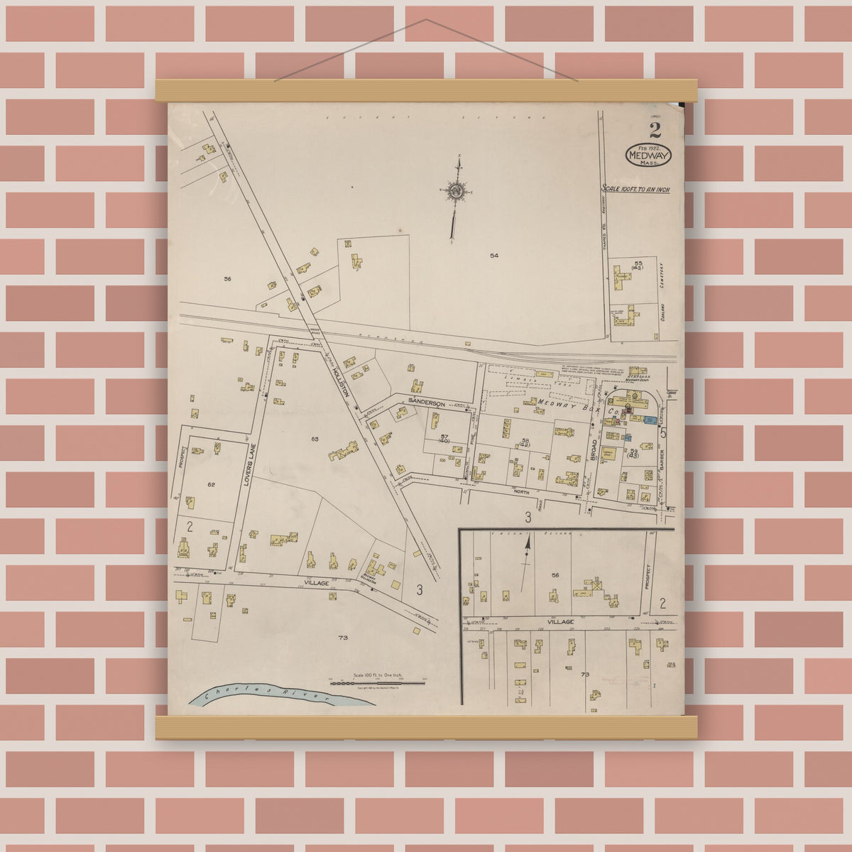 Old map wall art mockup — magnetic wood frame on brick wall — Sanborn Fire Insurance Map from Medway, Norfolk County, Massachusetts (1922), Sheet #0002