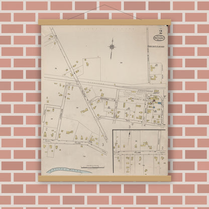 Old map wall art mockup — magnetic wood frame on brick wall — Sanborn Fire Insurance Map from Medway, Norfolk County, Massachusetts (1922), Sheet #0002