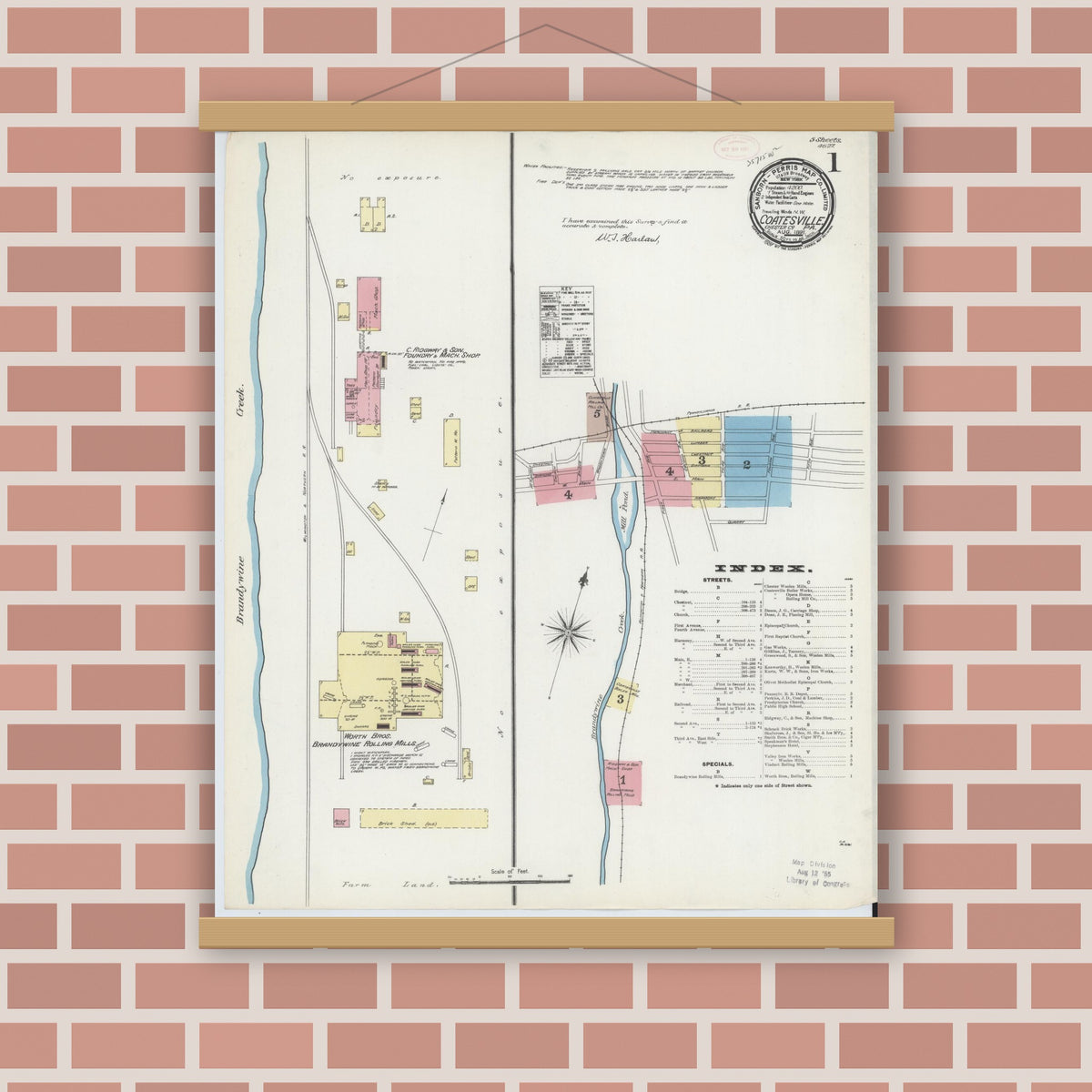 Old map wall art mockup — magnetic wood frame on brick wall — Sanborn Fire Insurance Map from Coatesville, Chester County, Pennsylvania (1891) - Complete Map Set