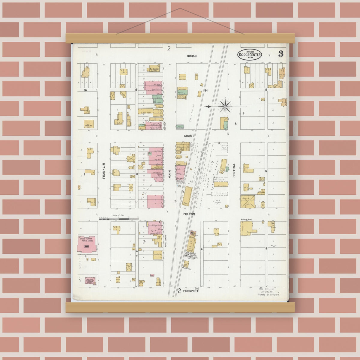 Old map wall art mockup — magnetic wood frame on brick wall — Sanborn Fire Insurance Map from Dodge Center, Dodge County, Minnesota (1899), Sheet #0003