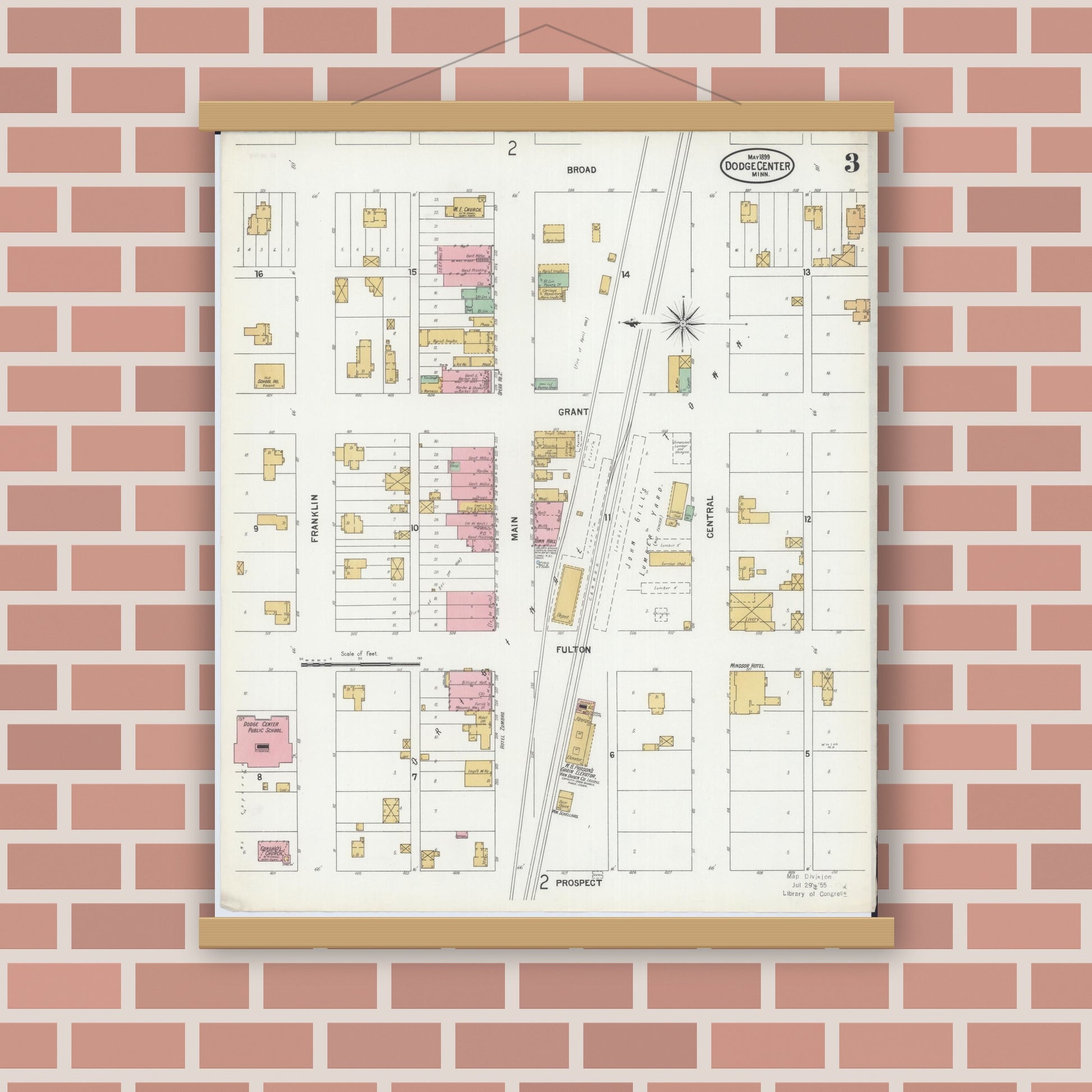 Old map wall art mockup — magnetic wood frame on brick wall — Sanborn Fire Insurance Map from Dodge Center, Dodge County, Minnesota (1899), Sheet #0003