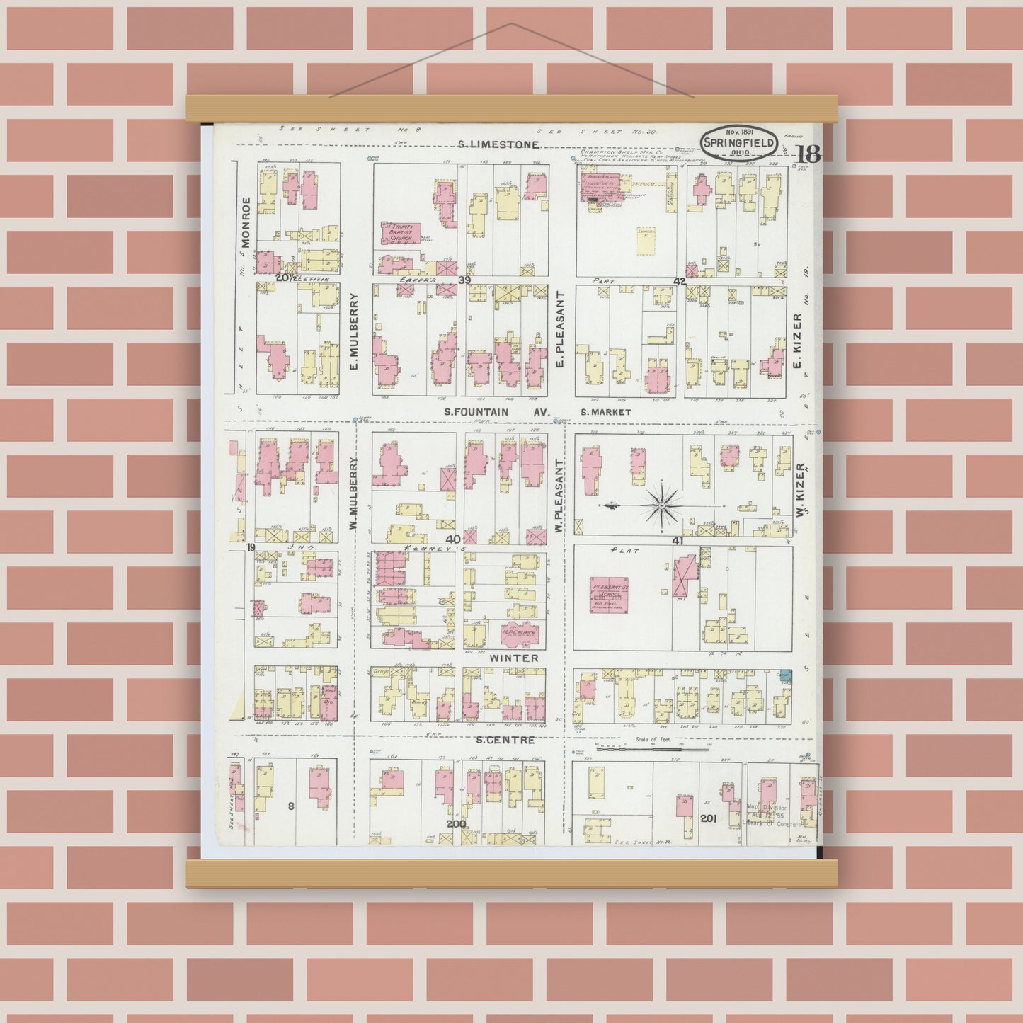 Old map wall art mockup — magnetic wood frame on brick wall — Sanborn Fire Insurance Map from Springfield, Clark County, Ohio (1891), Sheet #0018