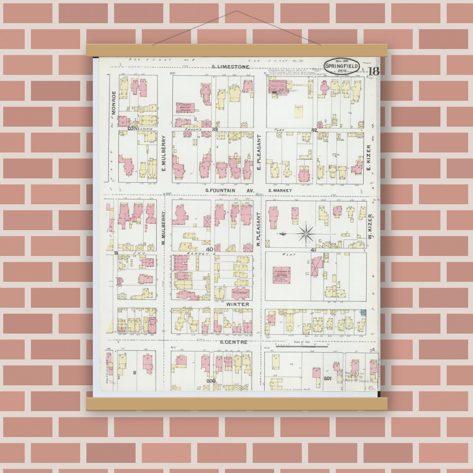 Old map wall art mockup — magnetic wood frame on brick wall — Sanborn Fire Insurance Map from Springfield, Clark County, Ohio (1891), Sheet #0018