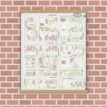 Old map wall art mockup — magnetic wood frame on brick wall — Sanborn Fire Insurance Map from Springfield, Clark County, Ohio (1891), Sheet #0018