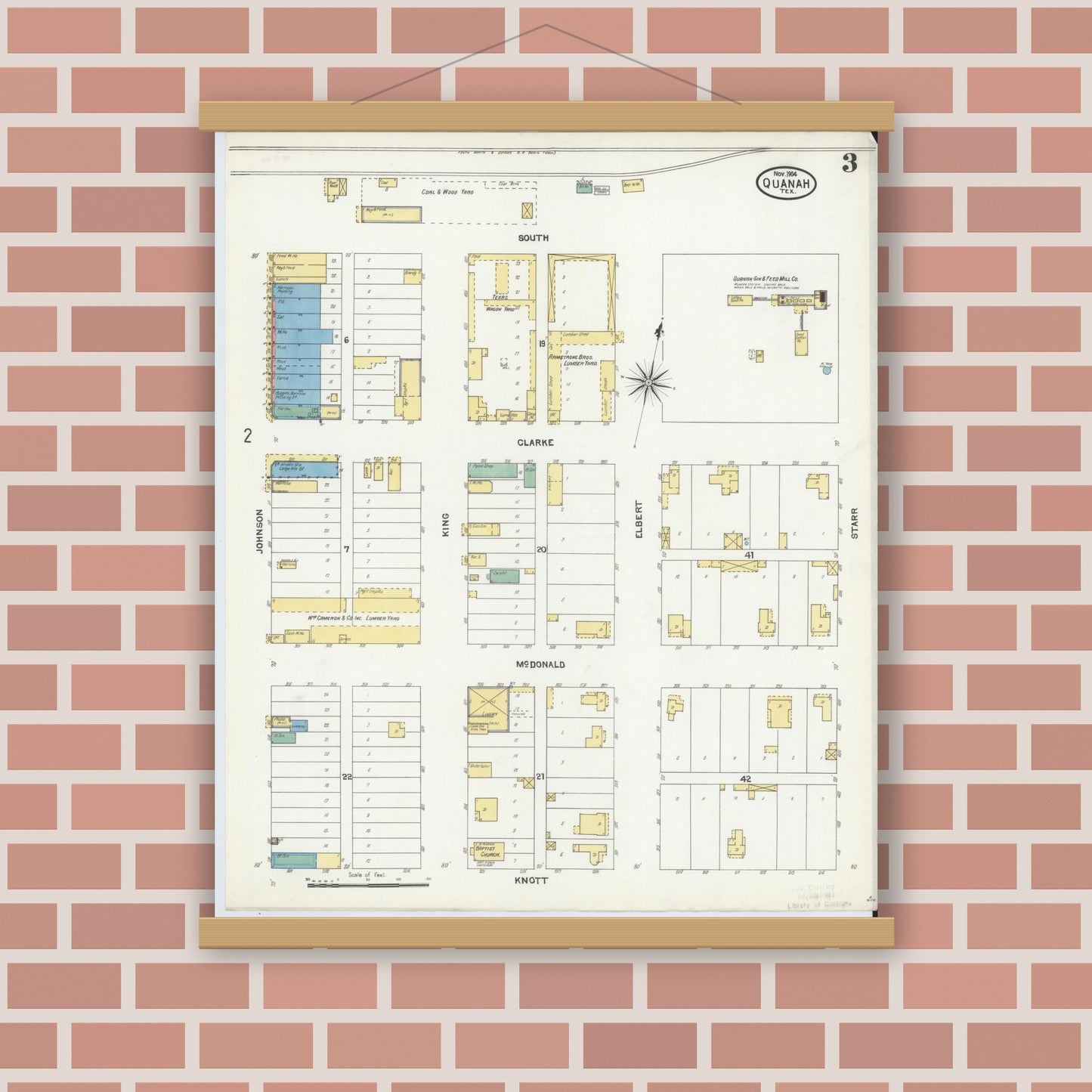 Old map wall art mockup — magnetic wood frame on brick wall — Sanborn Fire Insurance Map from Quanah, Hardeman County, Texas (1904), Sheet #0003