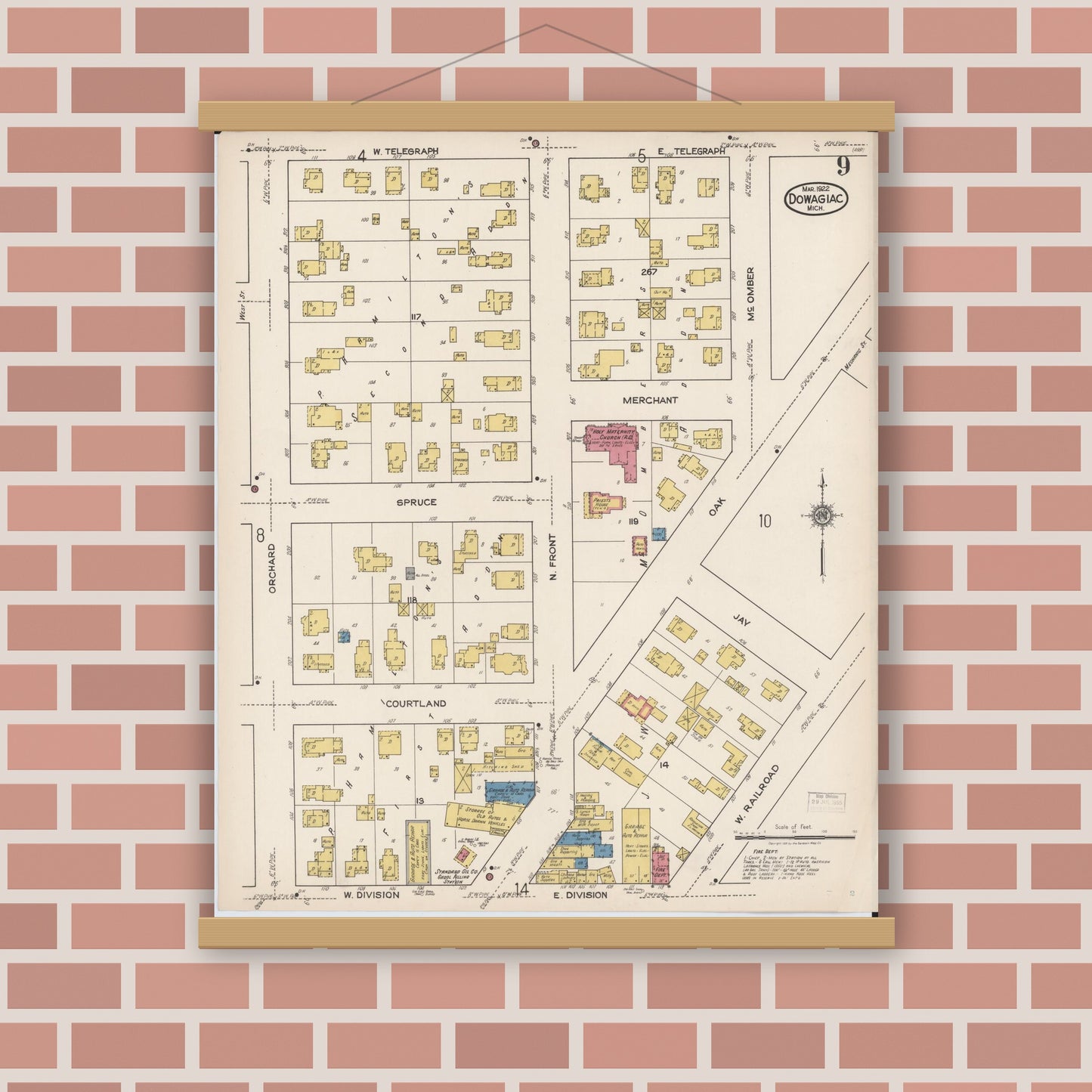 Old map wall art mockup — magnetic wood frame on brick wall — Sanborn Fire Insurance Map from Dowagiac, Cass County, Michigan (1922), Sheet #0009