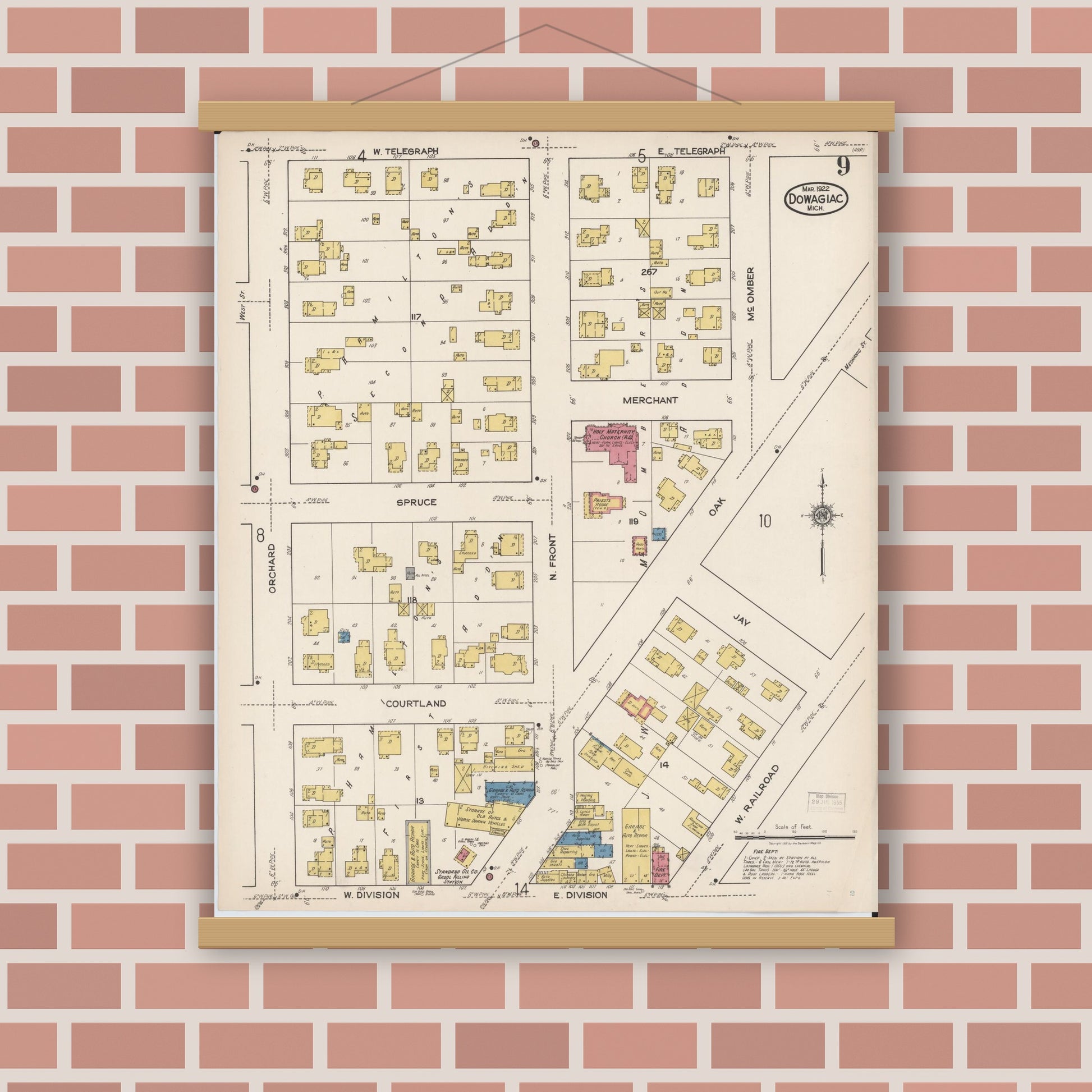 Old map wall art mockup — magnetic wood frame on brick wall — Sanborn Fire Insurance Map from Dowagiac, Cass County, Michigan (1922), Sheet #0009