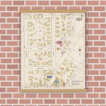 Old map wall art mockup — magnetic wood frame on brick wall — Sanborn Fire Insurance Map from Dowagiac, Cass County, Michigan (1922), Sheet #0009