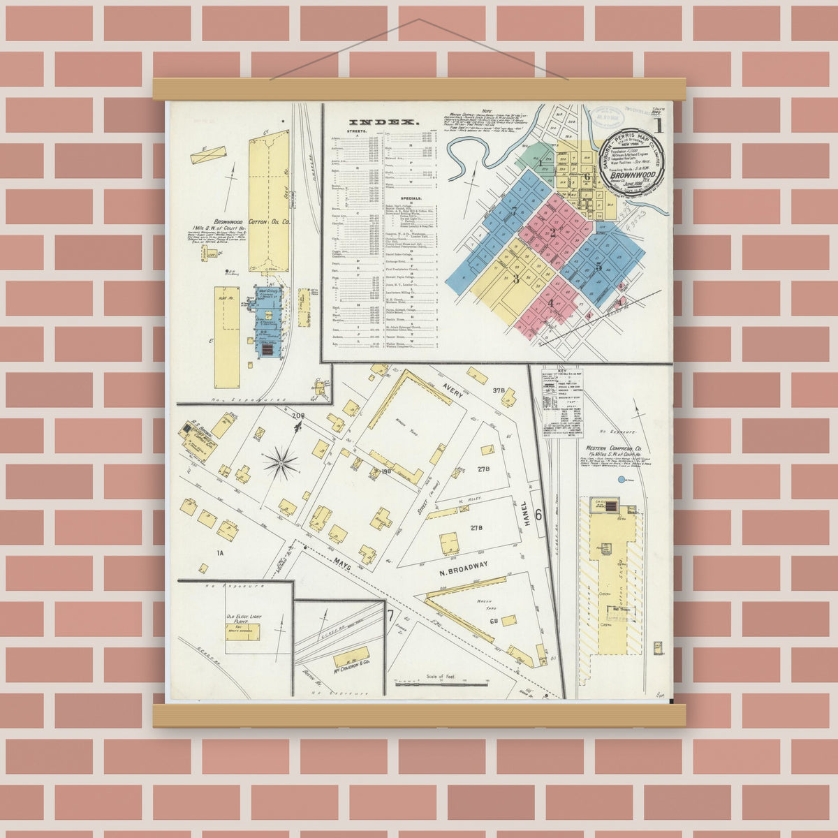 Old map wall art mockup — magnetic wood frame on brick wall — Sanborn Fire Insurance Map from Brownwood, Brown County, Texas (1898) - Complete Map Set