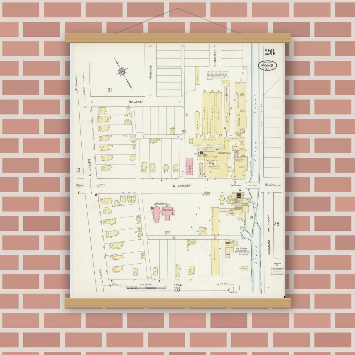 Old map wall art mockup — magnetic wood frame on brick wall — Sanborn Fire Insurance Map from Rome, Oneida County, New York (1914), Sheet #0026