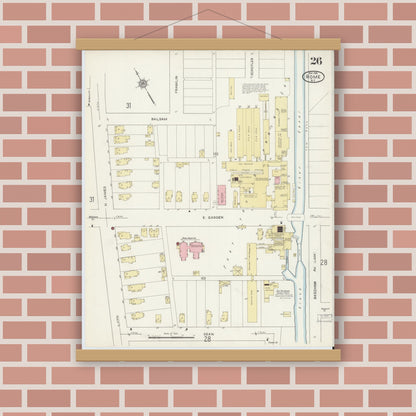 Old map wall art mockup — magnetic wood frame on brick wall — Sanborn Fire Insurance Map from Rome, Oneida County, New York (1914), Sheet #0026