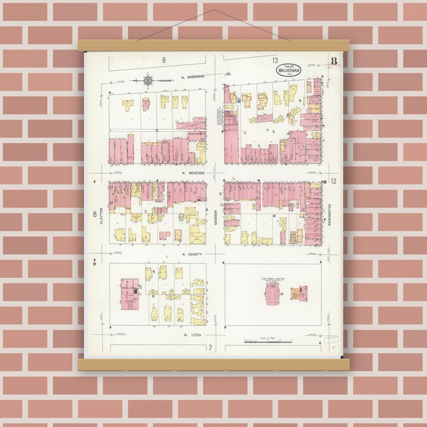Old map wall art mockup — magnetic wood frame on brick wall — Sanborn Fire Insurance Map from Waukegan, Lake County, Illinois (1912), Sheet #0008