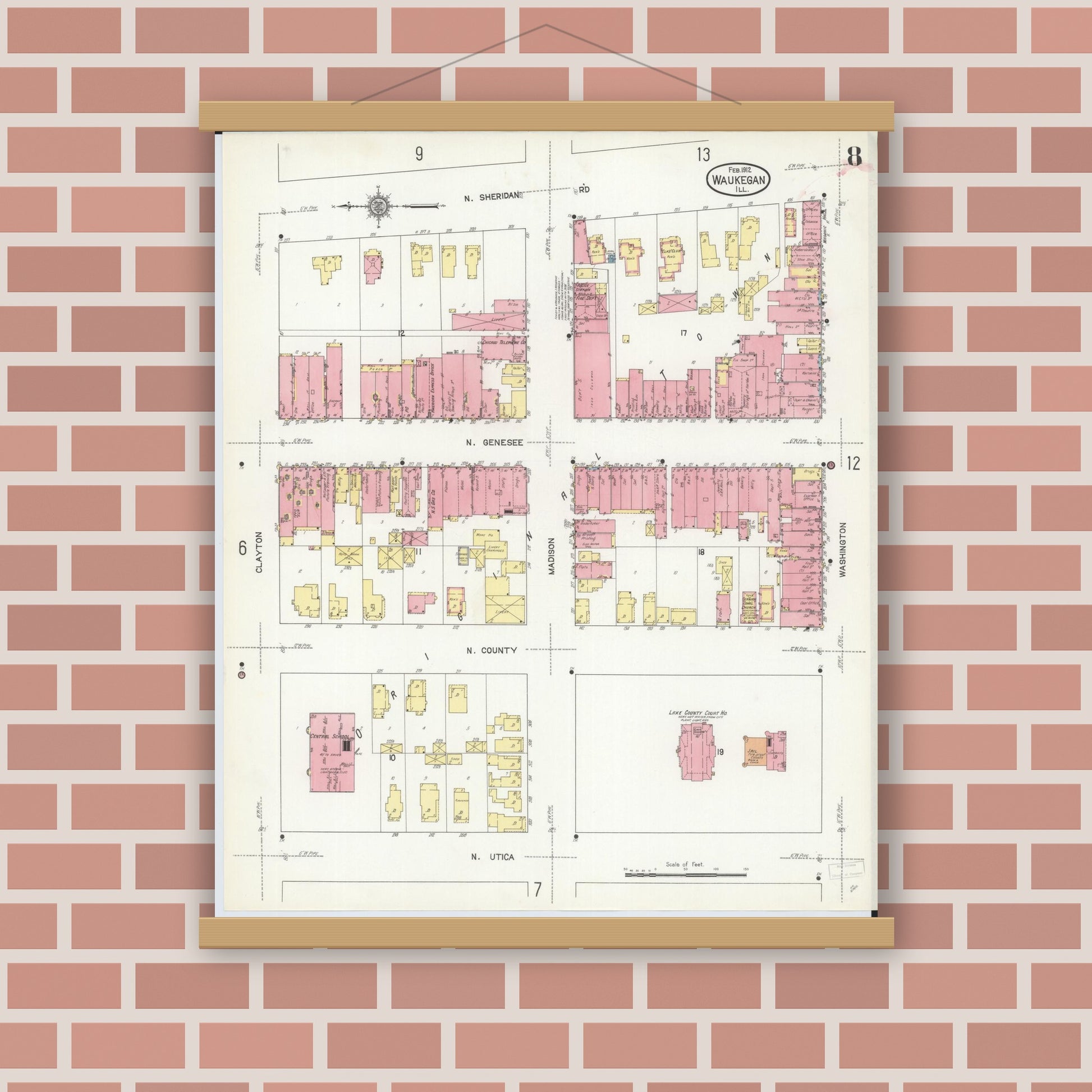 Old map wall art mockup — magnetic wood frame on brick wall — Sanborn Fire Insurance Map from Waukegan, Lake County, Illinois (1912), Sheet #0008