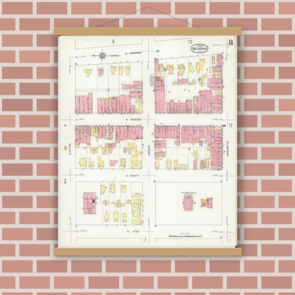 Old map wall art mockup — magnetic wood frame on brick wall — Sanborn Fire Insurance Map from Waukegan, Lake County, Illinois (1912), Sheet #0008