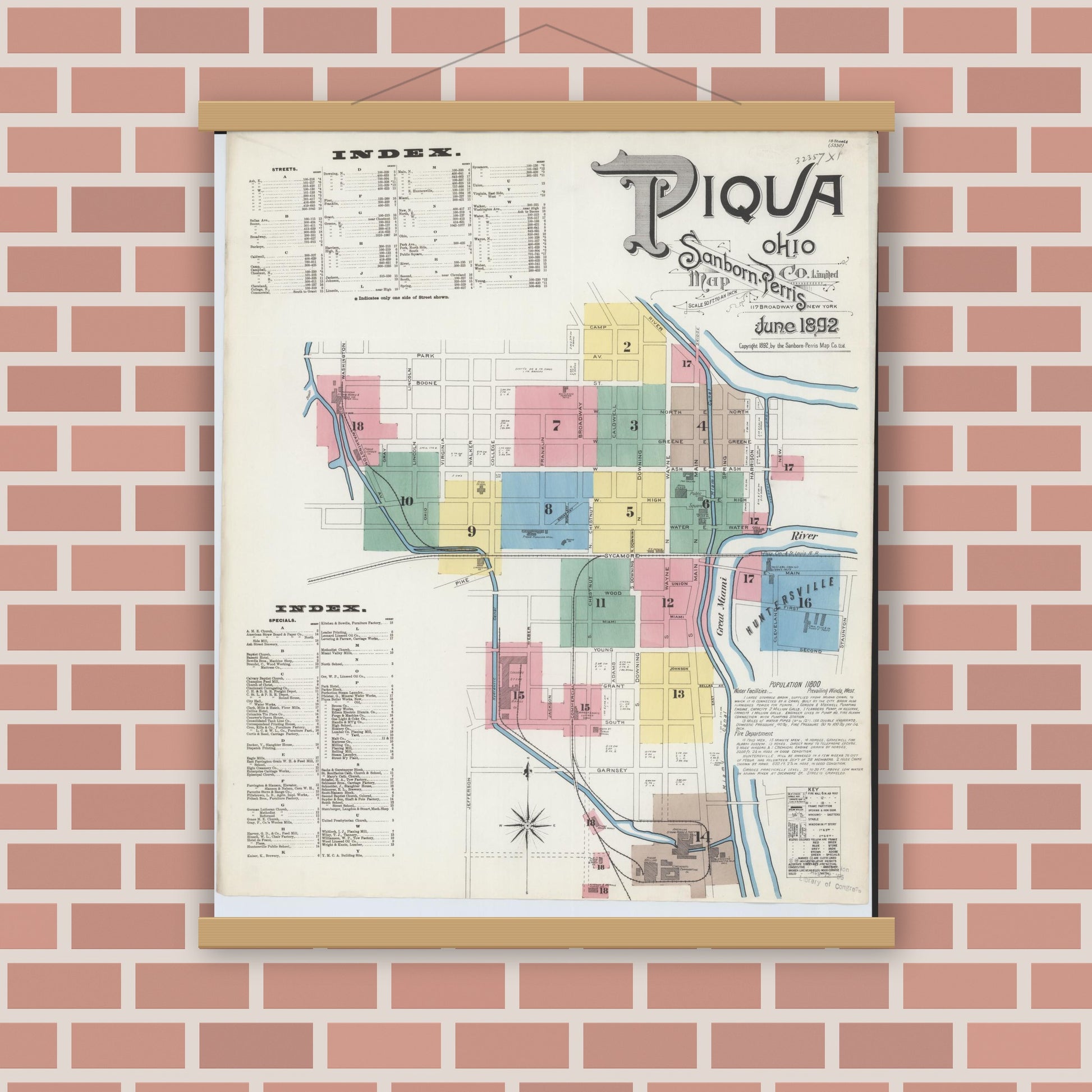 Old map wall art mockup — magnetic wood frame on brick wall — Sanborn Fire Insurance Map from Piqua, Miami County, Ohio (1892), Sheet #0001