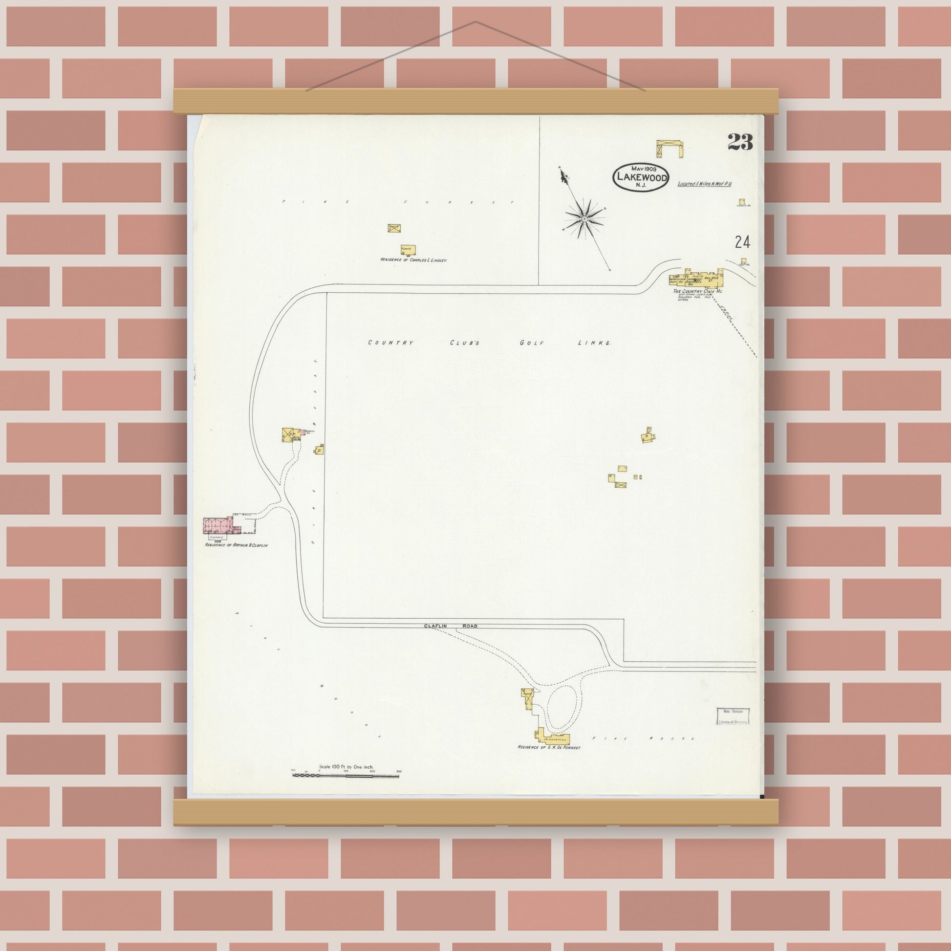 Old map wall art mockup — magnetic wood frame on brick wall — Sanborn Fire Insurance Map from Lakewood, Ocean County, New Jersey (1909), Sheet #0023