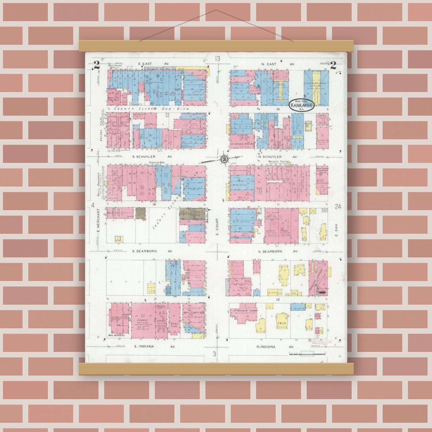 Old map wall art mockup — magnetic wood frame on brick wall — Sanborn Fire Insurance Map from Kankakee, Kankakee County, Illinois (1930), Sheet #0002