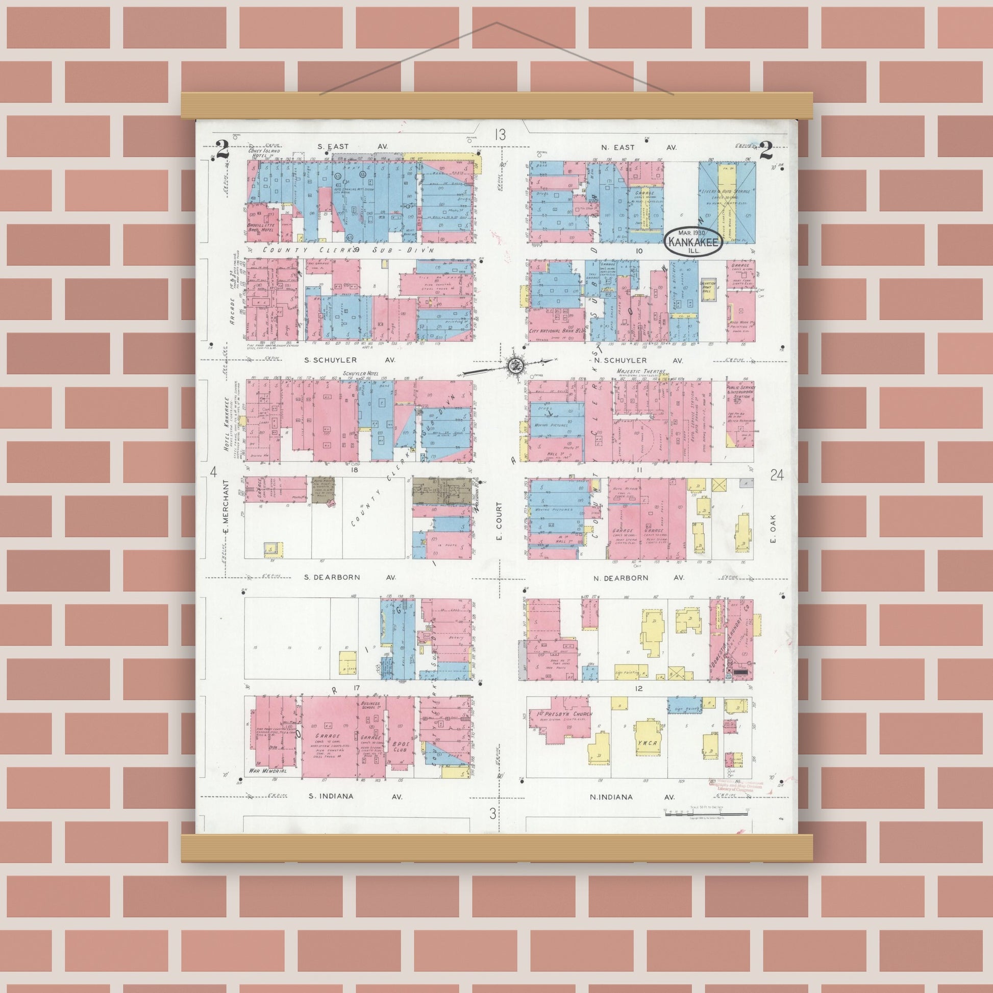 Old map wall art mockup — magnetic wood frame on brick wall — Sanborn Fire Insurance Map from Kankakee, Kankakee County, Illinois (1930), Sheet #0002