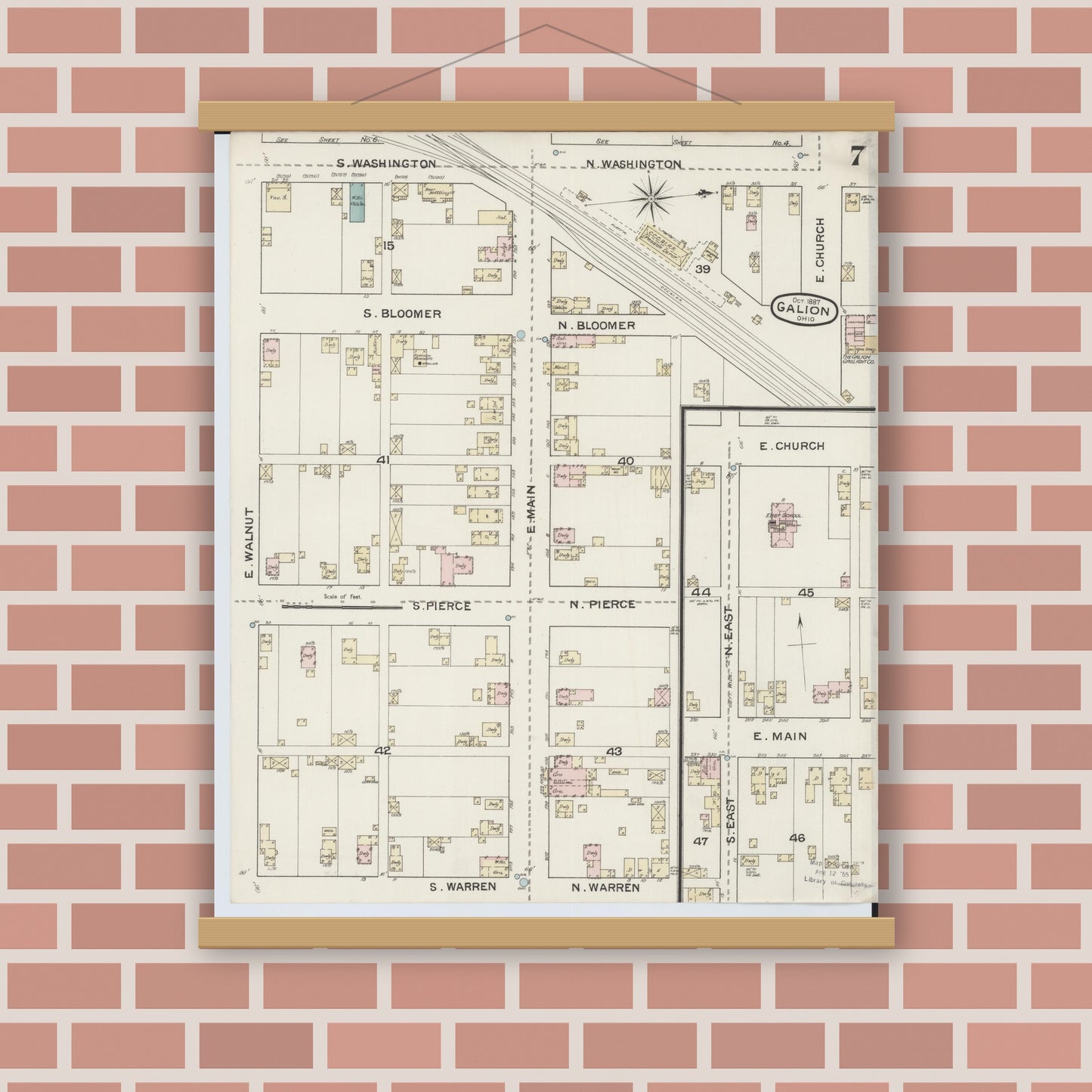 Old map wall art mockup — magnetic wood frame on brick wall — Sanborn Fire Insurance Map from Galion, Crawford County, Ohio (1887), Sheet #0007