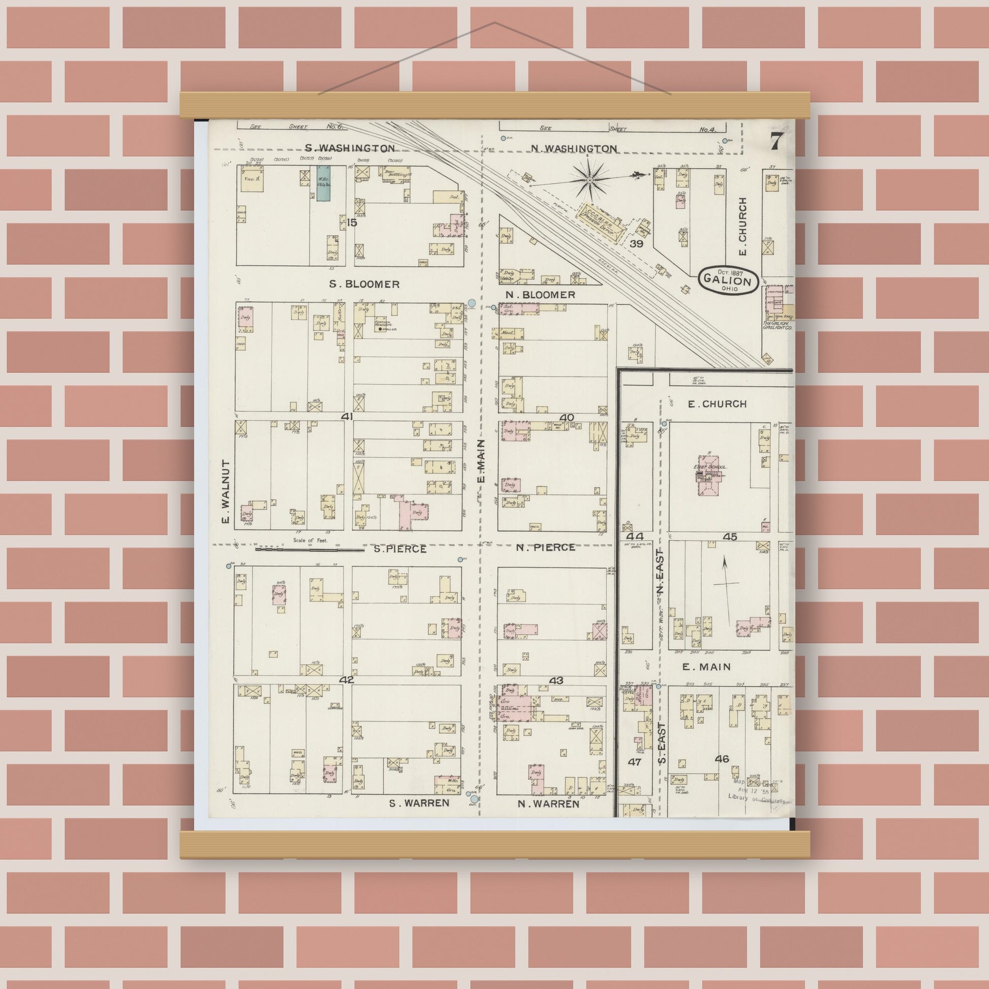Old map wall art mockup — magnetic wood frame on brick wall — Sanborn Fire Insurance Map from Galion, Crawford County, Ohio (1887), Sheet #0007