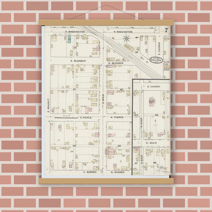 Old map wall art mockup — magnetic wood frame on brick wall — Sanborn Fire Insurance Map from Galion, Crawford County, Ohio (1887), Sheet #0007