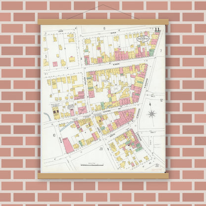 Old map wall art mockup — magnetic wood frame on brick wall — Sanborn Fire Insurance Map from Peekskill, Westchester County, New York (1900), Sheet #0011