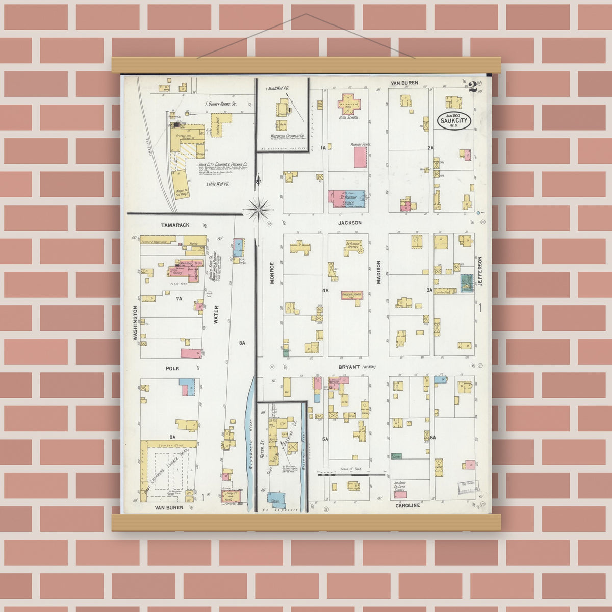 Old map wall art mockup — magnetic wood frame on brick wall — Sanborn Fire Insurance Map from Sauk City, Sauk County, Wisconsin (1900), Sheet #0002