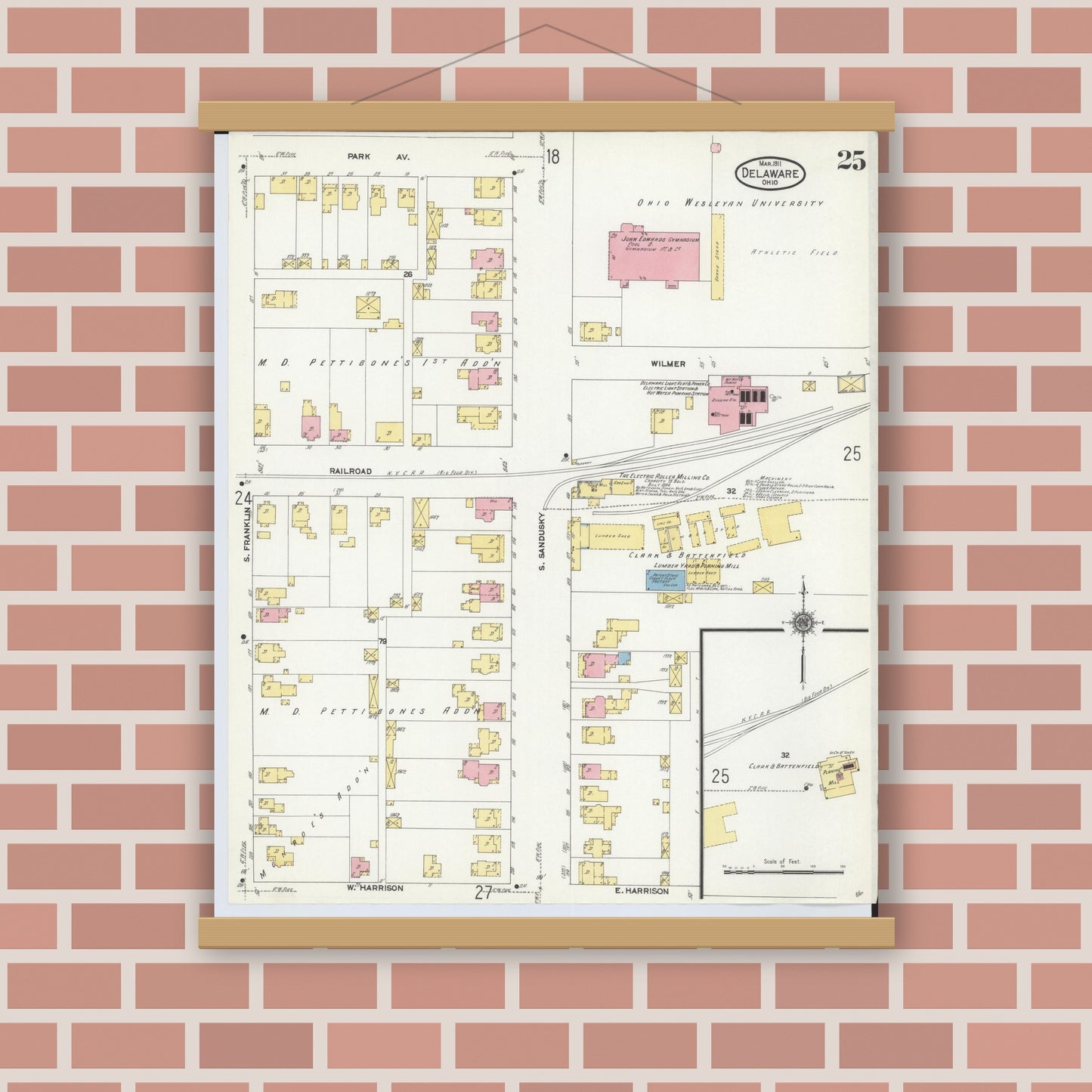 Old map wall art mockup — magnetic wood frame on brick wall — Sanborn Fire Insurance Map from Delaware, Delaware County, Ohio (1911), Sheet #0025