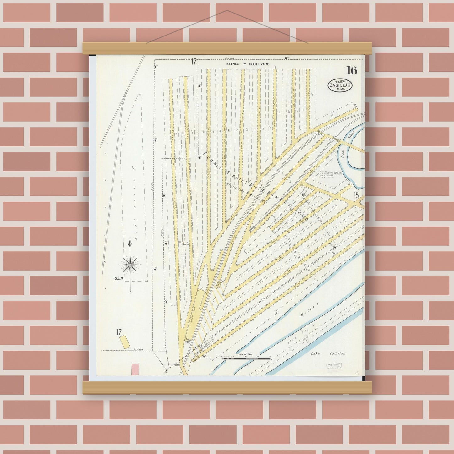 Old map wall art mockup — magnetic wood frame on brick wall — Sanborn Fire Insurance Map from Cadillac, Wexford County, Michigan (1906), Sheet #0016