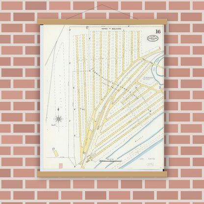 Old map wall art mockup — magnetic wood frame on brick wall — Sanborn Fire Insurance Map from Cadillac, Wexford County, Michigan (1906), Sheet #0016