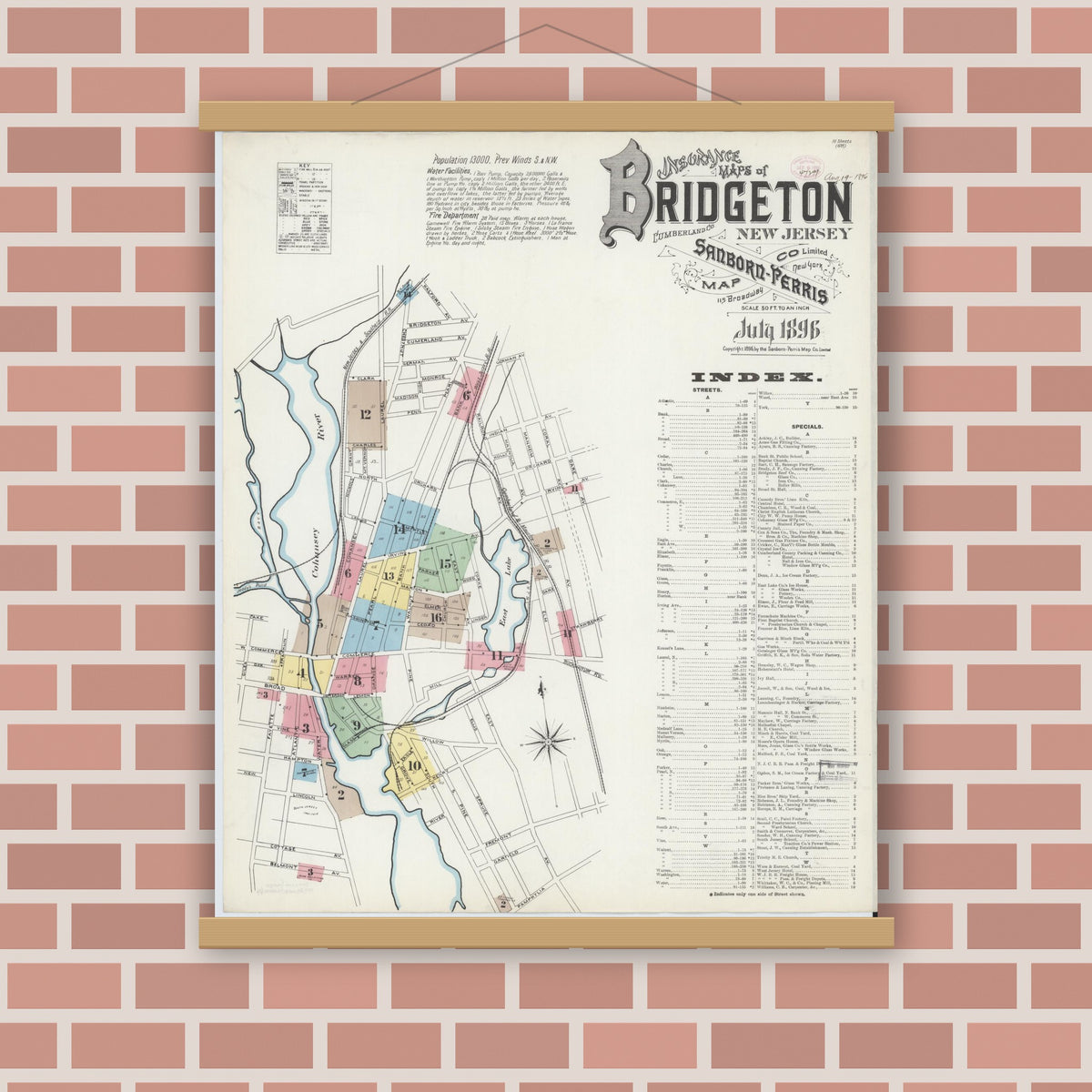 Old map wall art mockup — magnetic wood frame on brick wall — Sanborn Fire Insurance Map from Bridgeton, Cumberland County, New Jersey (1896) - Complete Map Set