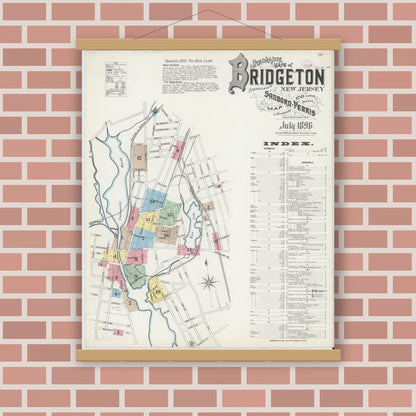 Old map wall art mockup — magnetic wood frame on brick wall — Sanborn Fire Insurance Map from Bridgeton, Cumberland County, New Jersey (1896) - Complete Map Set
