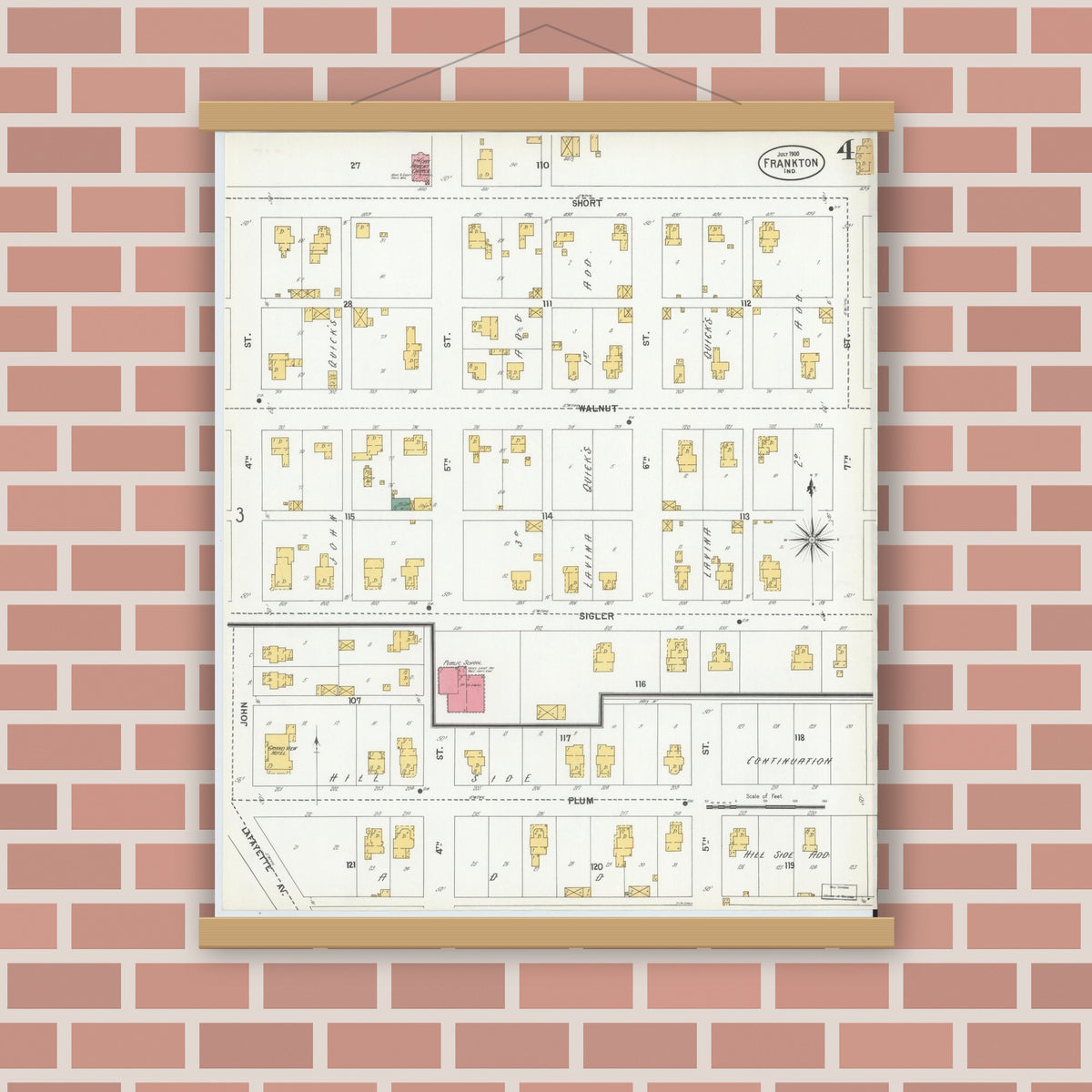 Old map wall art mockup — magnetic wood frame on brick wall — Sanborn Fire Insurance Map from Frankton, Madison County, Indiana (1900), Sheet #0004