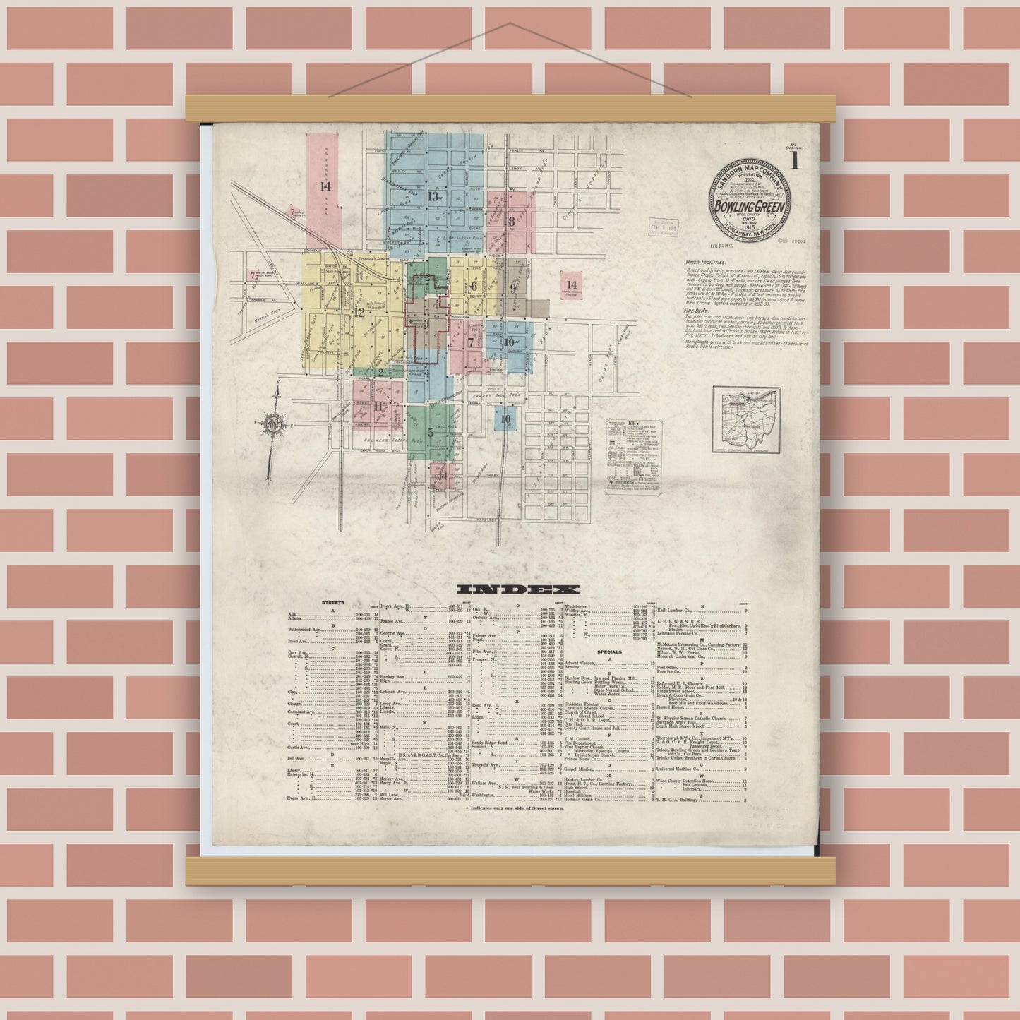 Old map wall art mockup — magnetic wood frame on brick wall — Sanborn Fire Insurance Map from Bowling Green, Wood County, Ohio (1915), Sheet #0001