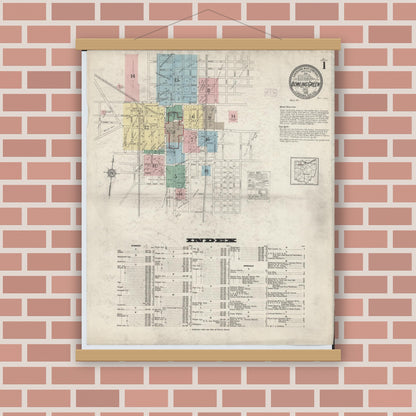 Old map wall art mockup — magnetic wood frame on brick wall — Sanborn Fire Insurance Map from Bowling Green, Wood County, Ohio (1915), Sheet #0001