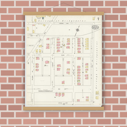 Old map wall art mockup — magnetic wood frame on brick wall — Sanborn Fire Insurance Map from Beaver, Beaver County, Pennsylvania (1912), Sheet #0007