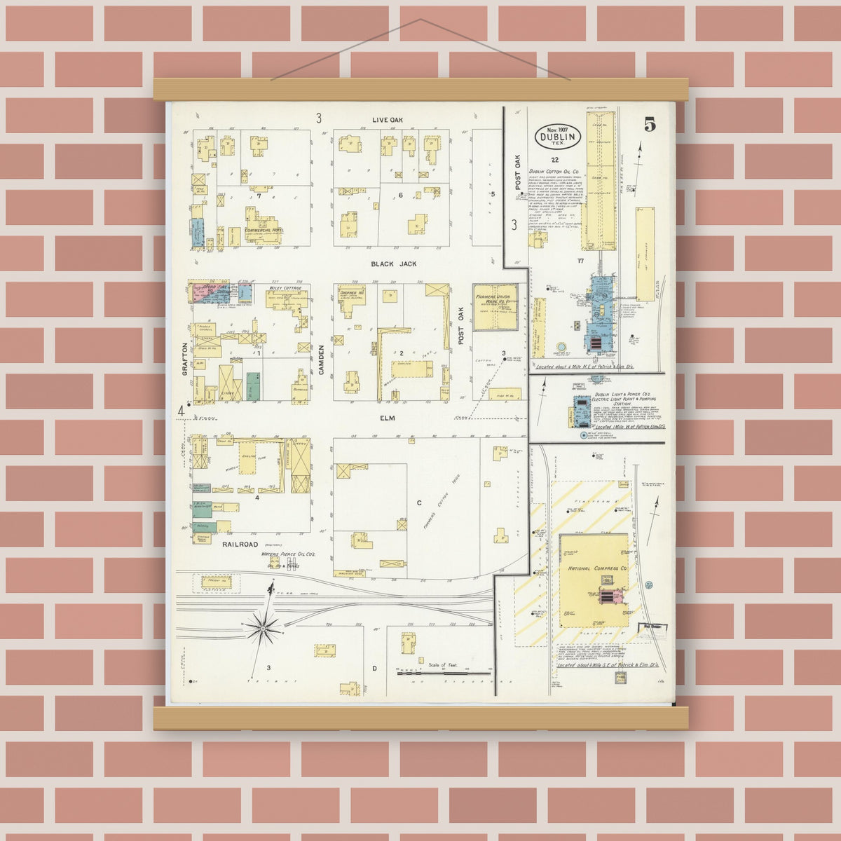 Old map wall art mockup — magnetic wood frame on brick wall — Sanborn Fire Insurance Map from Dublin, Erath County, Texas (1907), Sheet #0005