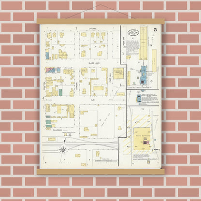 Old map wall art mockup — magnetic wood frame on brick wall — Sanborn Fire Insurance Map from Dublin, Erath County, Texas (1907), Sheet #0005