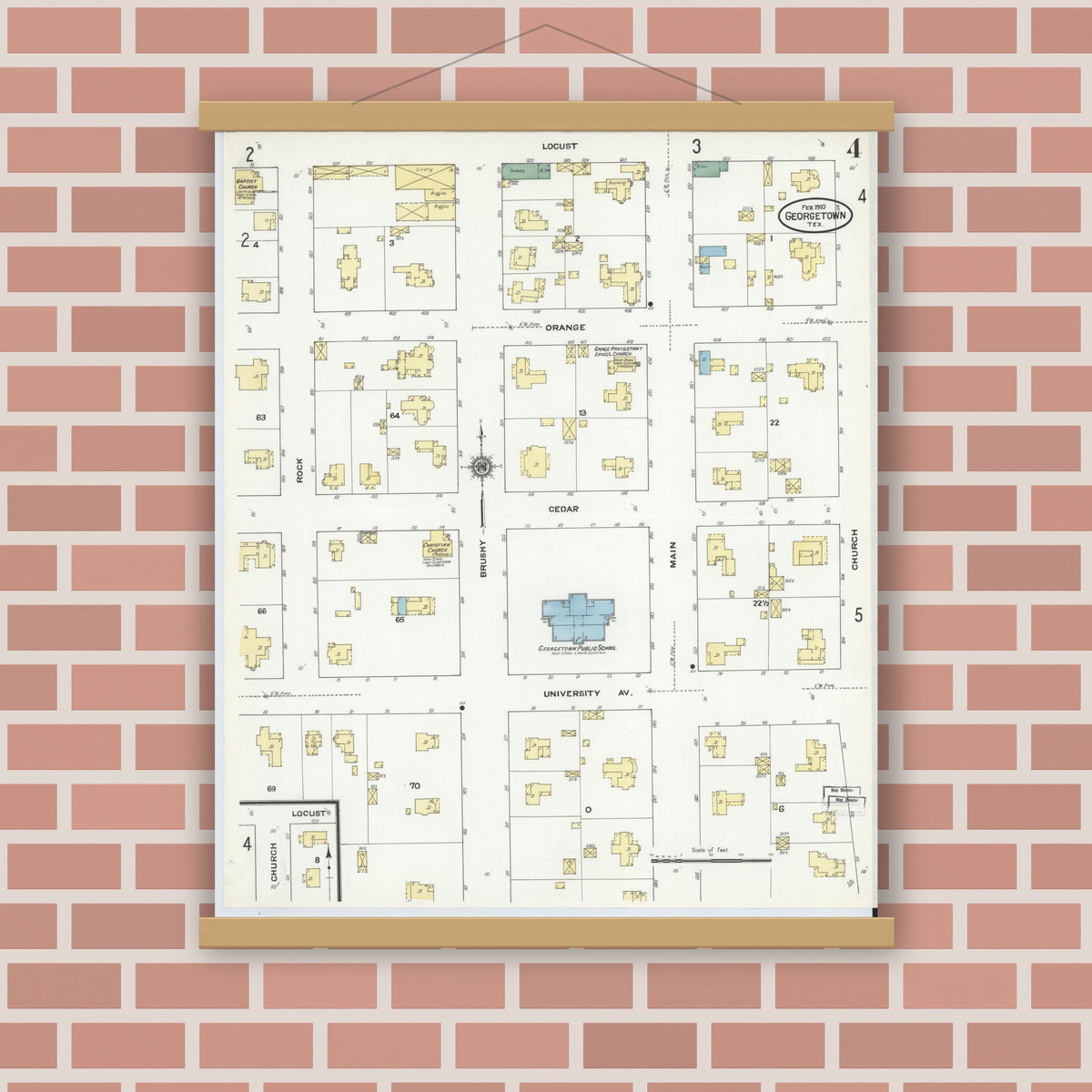 Old map wall art mockup — magnetic wood frame on brick wall — Sanborn Fire Insurance Map from Georgetown, Williamson County, Texas (1910), Sheet #0004
