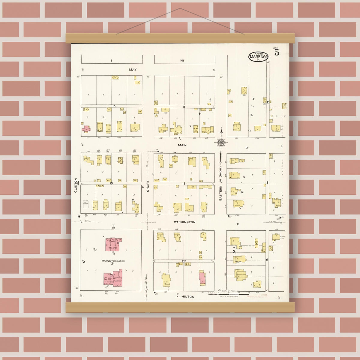 Old map wall art mockup — magnetic wood frame on brick wall — Sanborn Fire Insurance Map from Marengo, Iowa County, Iowa (1922), Sheet #0005