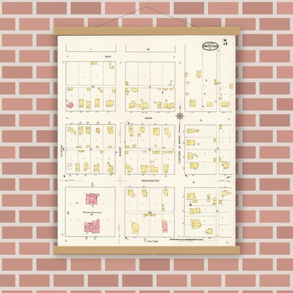 Old map wall art mockup — magnetic wood frame on brick wall — Sanborn Fire Insurance Map from Marengo, Iowa County, Iowa (1922), Sheet #0005