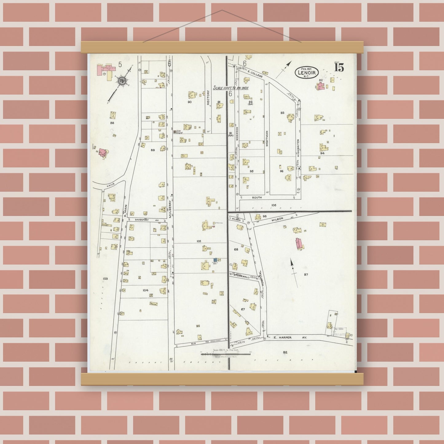 Old map wall art mockup — magnetic wood frame on brick wall — Sanborn Fire Insurance Map from Lenoir, Caldwell County, North Carolina (1921), Sheet #0015