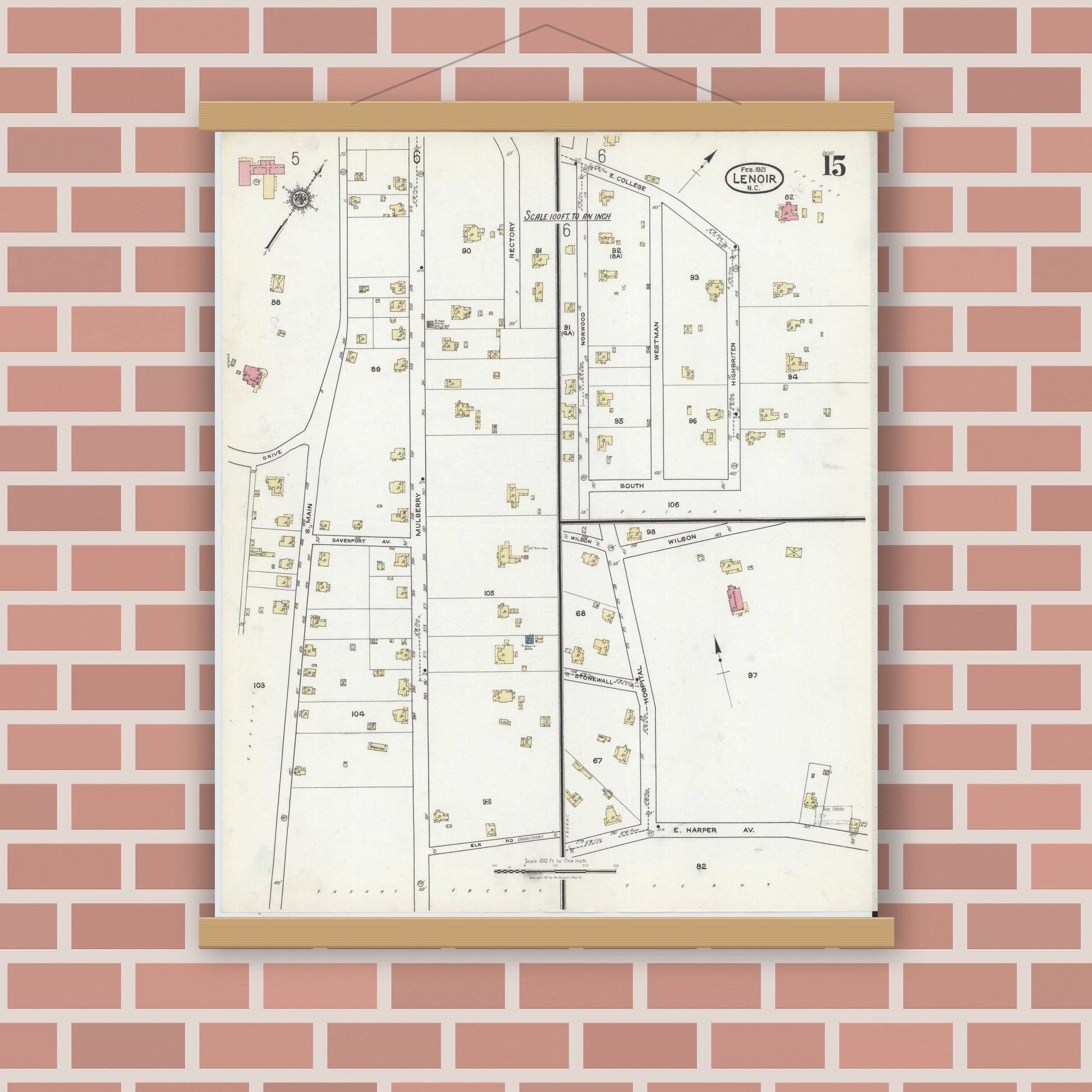 Old map wall art mockup — magnetic wood frame on brick wall — Sanborn Fire Insurance Map from Lenoir, Caldwell County, North Carolina (1921), Sheet #0015