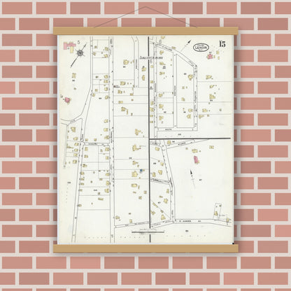 Old map wall art mockup — magnetic wood frame on brick wall — Sanborn Fire Insurance Map from Lenoir, Caldwell County, North Carolina (1921), Sheet #0015