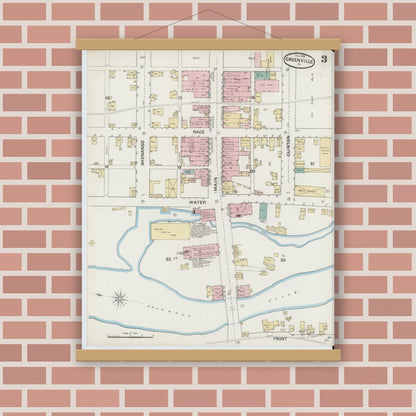 Old map wall art mockup — magnetic wood frame on brick wall — Sanborn Fire Insurance Map from Greenville, Mercer County, Pennsylvania (1888), Sheet #0003