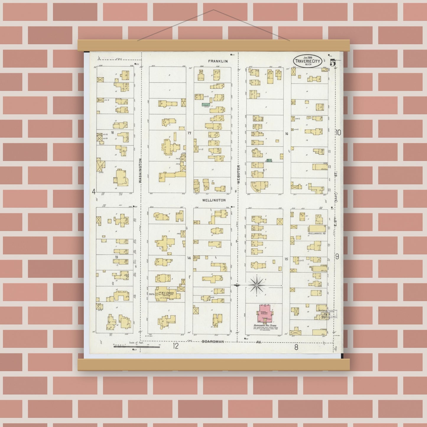 Old map wall art mockup — magnetic wood frame on brick wall — Sanborn Fire Insurance Map from Traverse City, Grand Traverse County, Michigan (1899), Sheet #0005