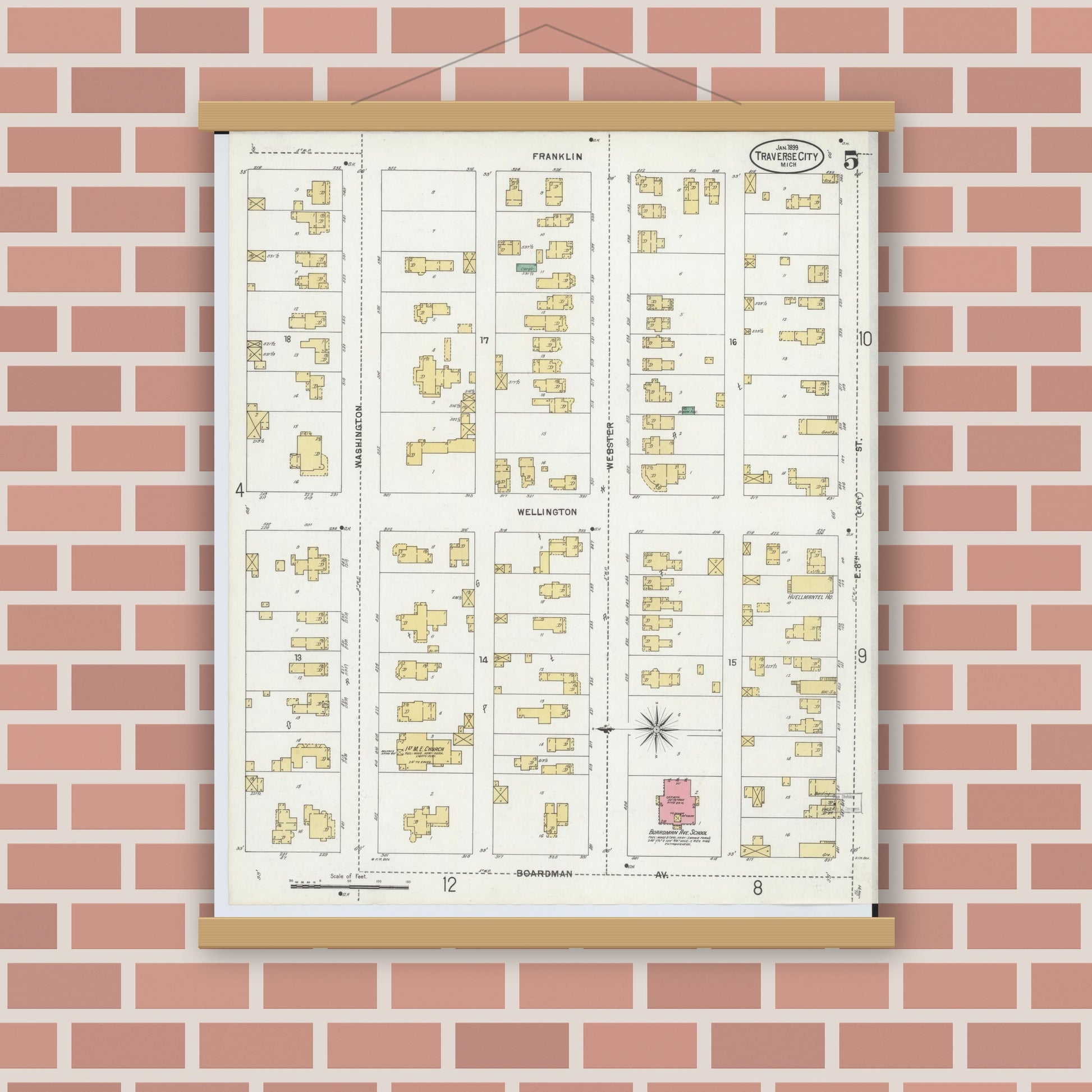 Old map wall art mockup — magnetic wood frame on brick wall — Sanborn Fire Insurance Map from Traverse City, Grand Traverse County, Michigan (1899), Sheet #0005