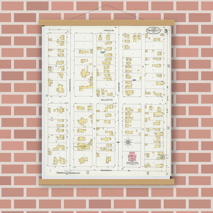 Old map wall art mockup — magnetic wood frame on brick wall — Sanborn Fire Insurance Map from Traverse City, Grand Traverse County, Michigan (1899), Sheet #0005
