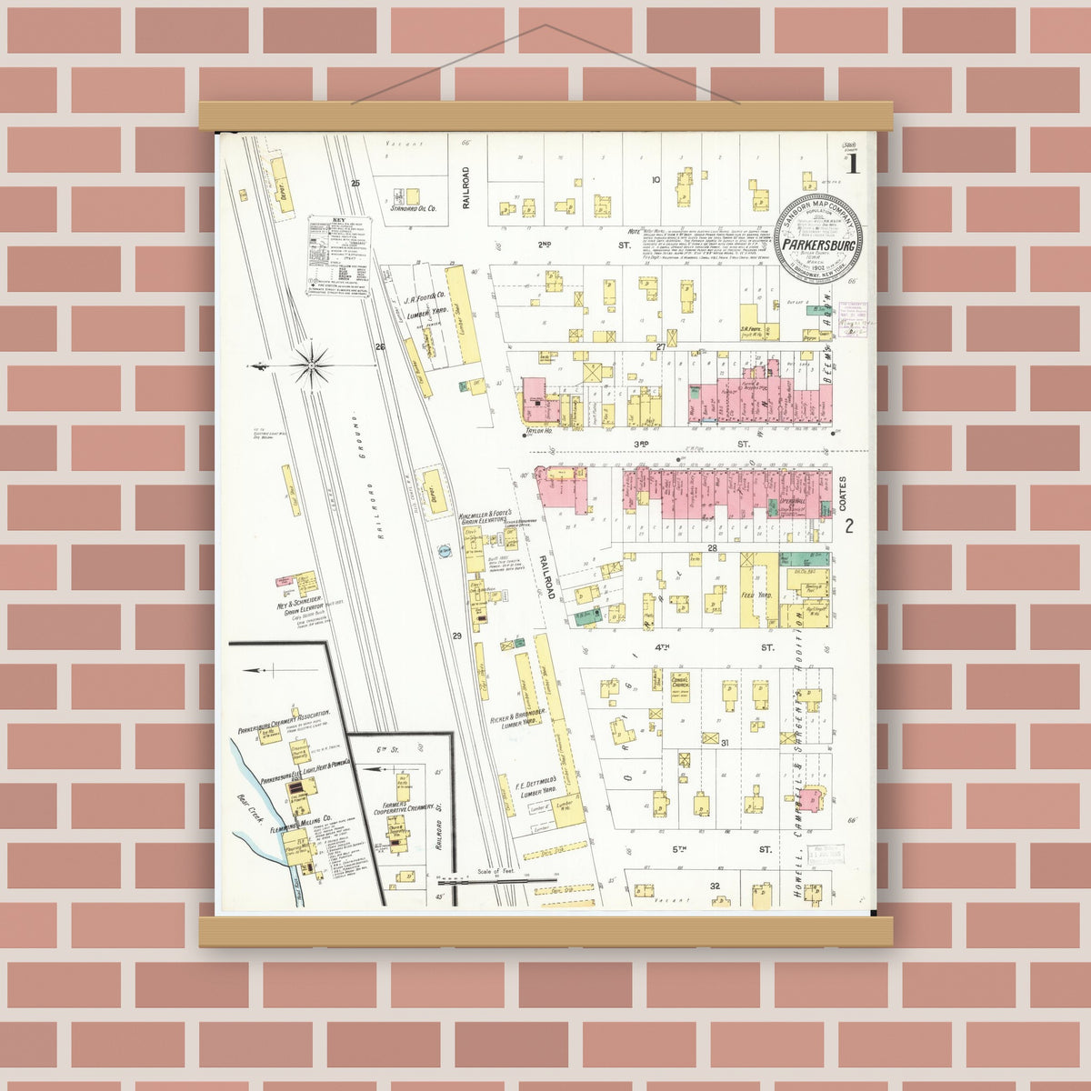 Old map wall art mockup — magnetic wood frame on brick wall — Sanborn Fire Insurance Map from Parkersburg, Butler County, Iowa (1902) â€” Complete Set