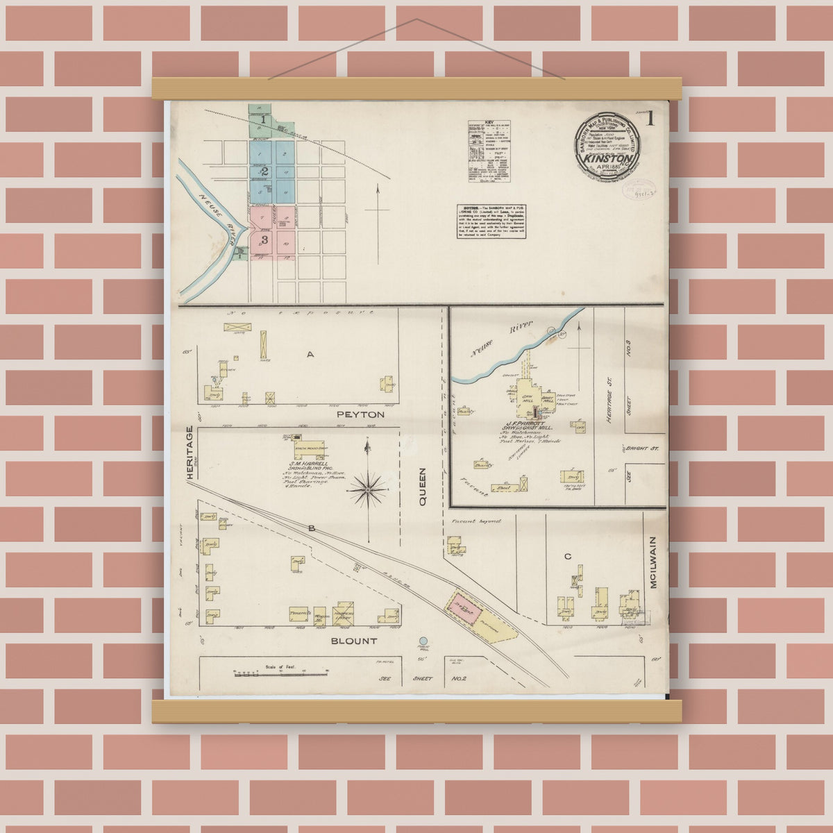 Old map wall art mockup — magnetic wood frame on brick wall — Sanborn Fire Insurance Map from Kinston, Lenoir County, North Carolina (1885) - Complete Map Set